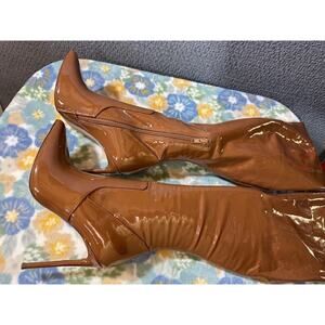 Steve Madden ‘Vava’ Thigh High Stiletto Boots Brown Patent Faux Leather Size 7.5